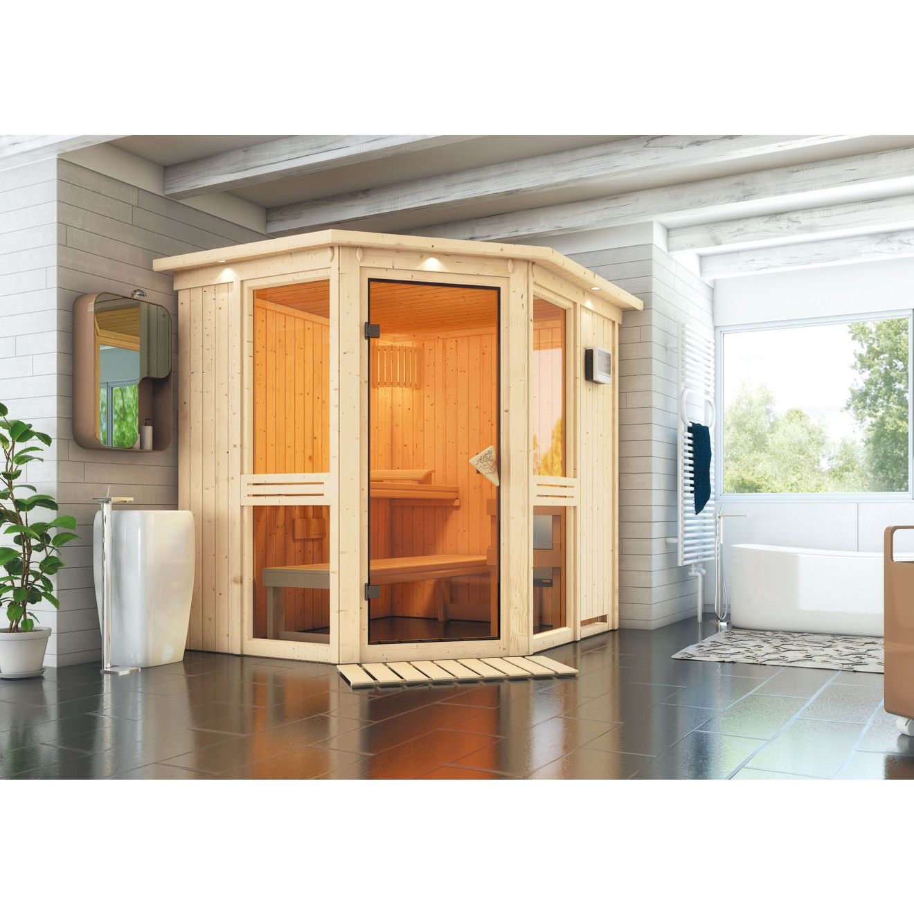 Saunakabine Amelia 1 mit Dachkranz und LED Spots